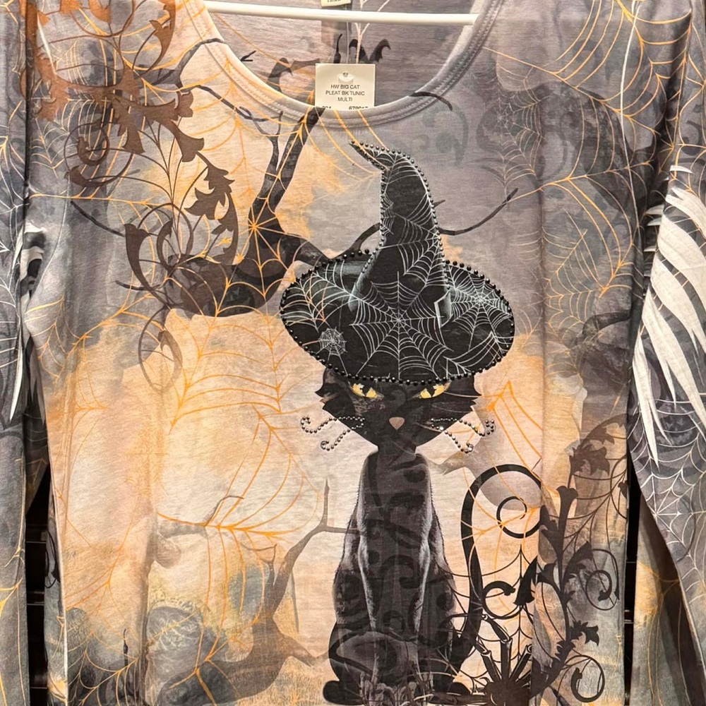 ONE WORLD Witch and Web Long Sleeve Top - Gray and Orange oversized MEDIUM - Picture 4 of 7